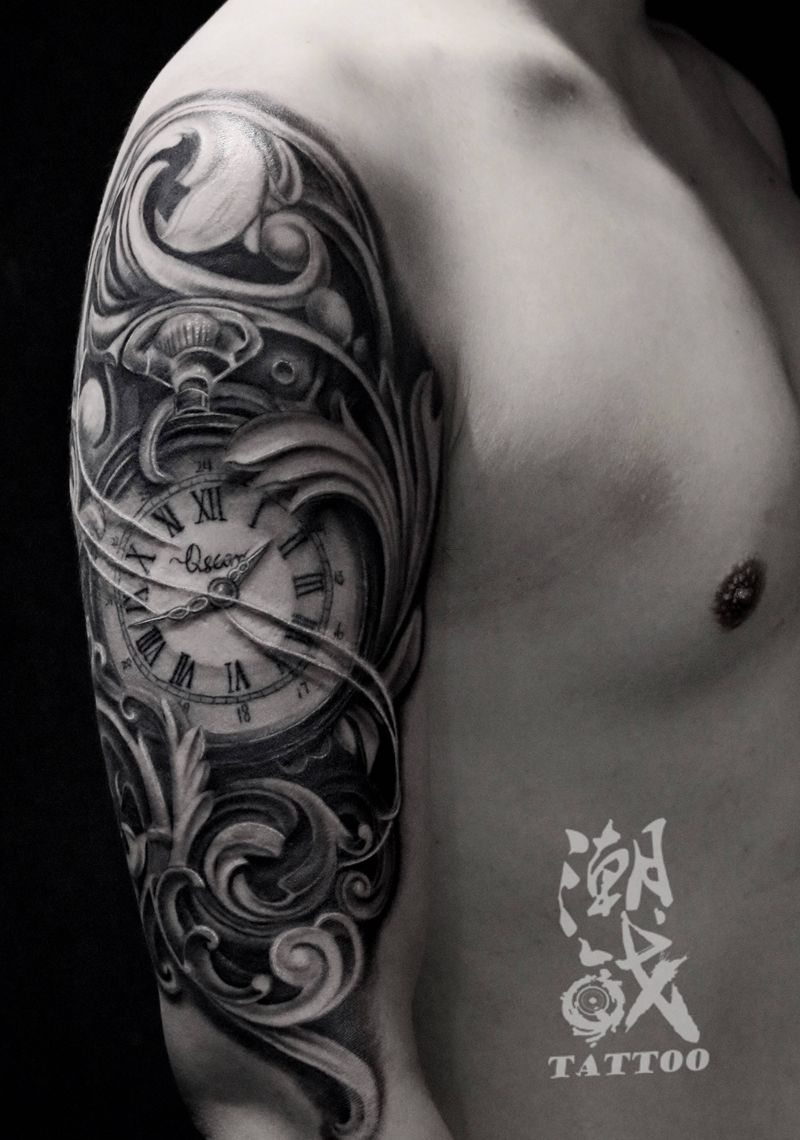 时间去哪了纹身图片_手臂欧美写实时钟纹身图案