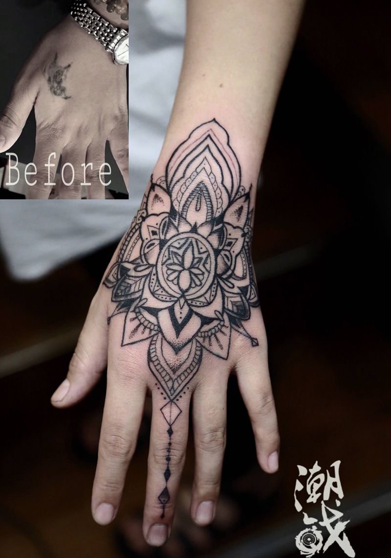 曼陀罗遮盖纹身图片_手部点刺几何曼陀罗花遮盖纹身图案