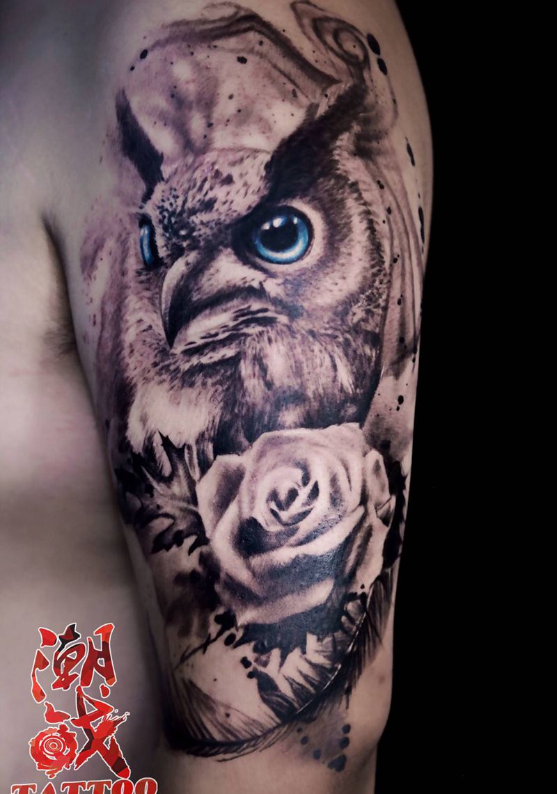 夜行者纹身图片_手臂欧美写实猫头鹰纹身图案