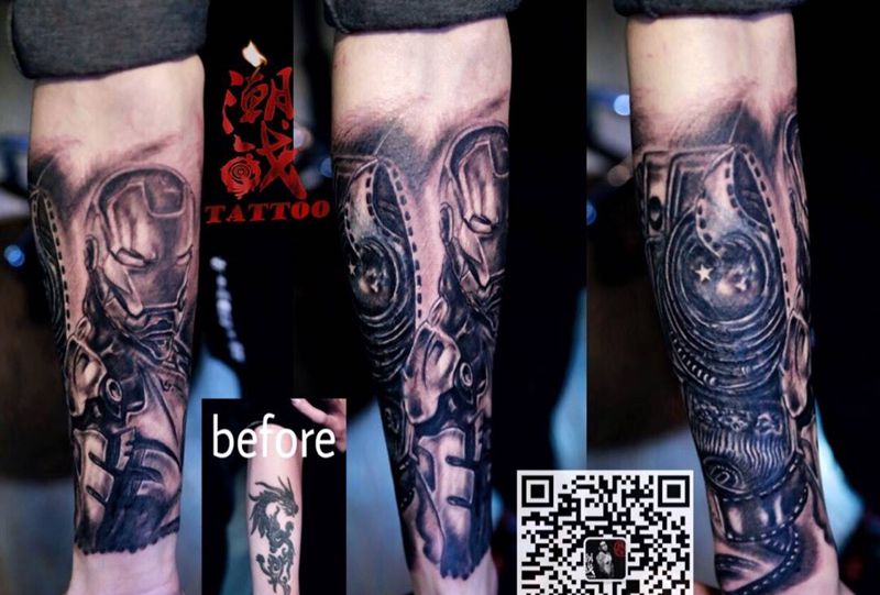 钢铁侠纹身图片_成品手臂欧美写实原创遮盖纹身图案