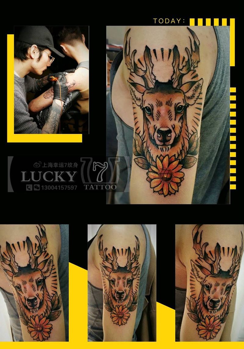 Newschool鹿头纹身纹身图片_手臂欧美动物彩色成品纹身图案