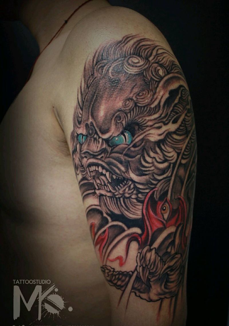 蝠狮纹身图片_手臂传统动物鬼神宗教成品纹身图案