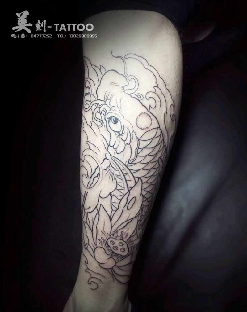 锦鲤割线！下次继续！纹身图片_手臂传统动物手稿插画纹身图案