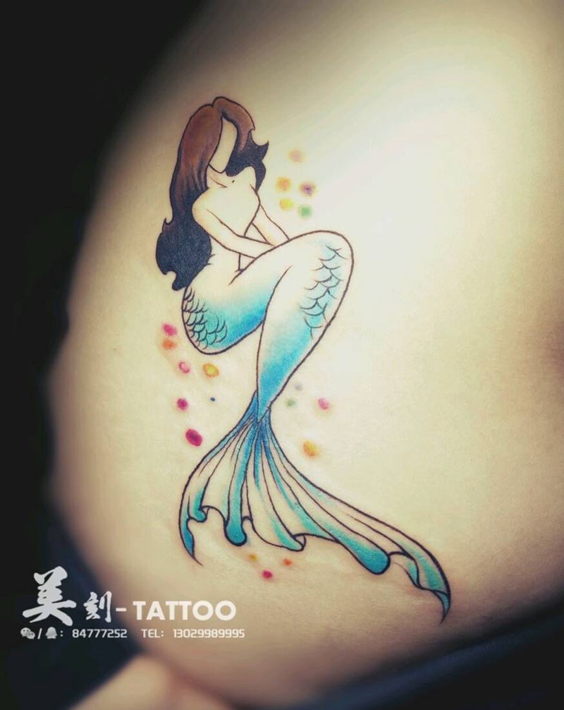 人鱼纹身图片_腹部腰部欧美清新动物人物成品纹身图案