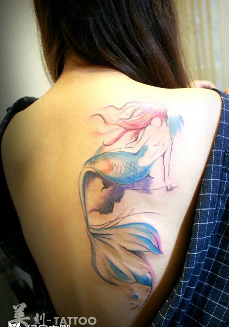 人鱼纹身图片_肩部背部欧美清新贴纸动物原创成品插画纹身图案