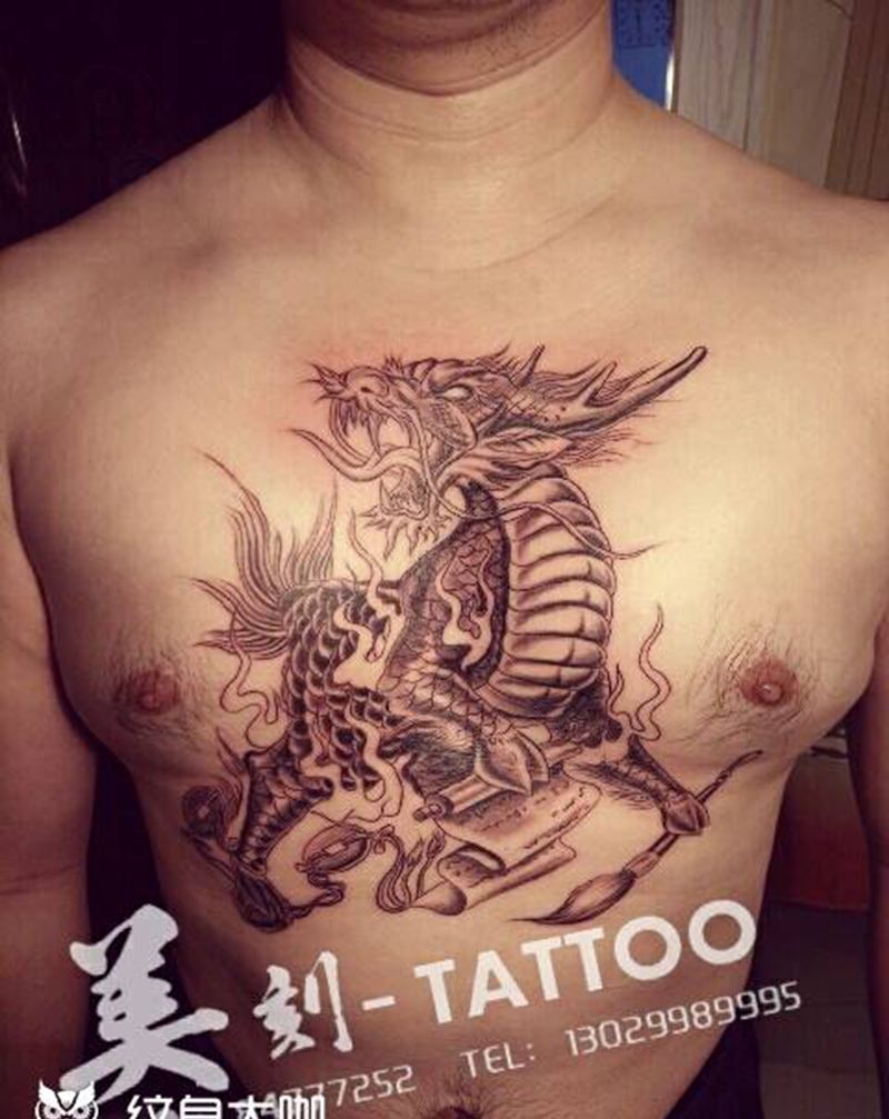 獬豸纹身图片_胸部背部传统动物鬼神纹身图案