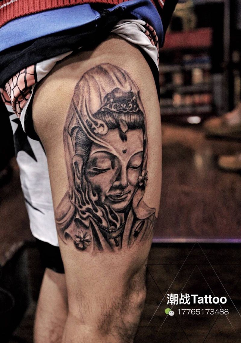 观音纹身图片_成品腿部传统写实人物纹身图案