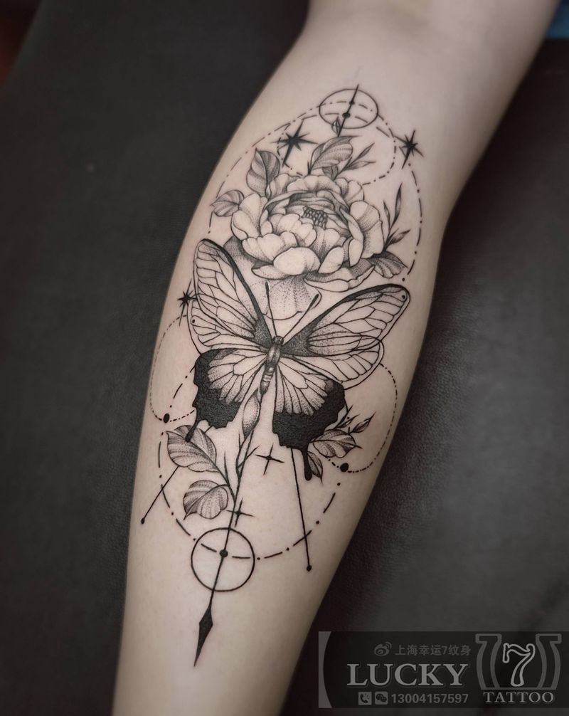 蝴蝶素花|幸运7纹身纹身图片_点刺小腿清新纹身图案