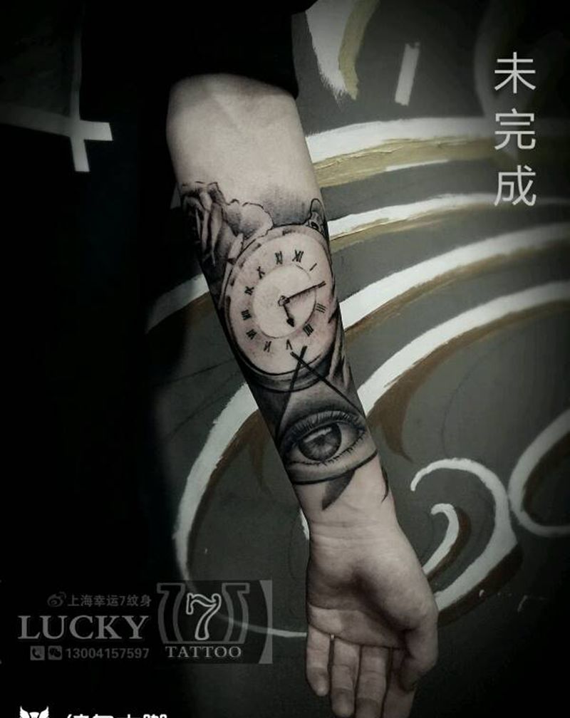 怀表|全视之眼|幸运7纹身纹身图片_手臂写实原创黑灰未完成纹身图案