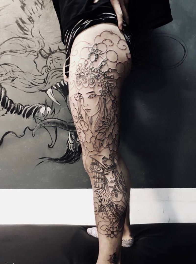 将军与妓纹身图片_成品原创人物鬼神宗教传统写实国画肖像腿部纹身图案