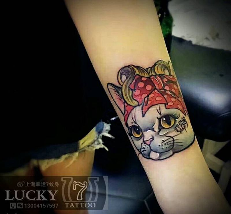 盖疤|猫|幸运7纹身纹身图片_手臂欧美彩色盖疤成品纹身图案