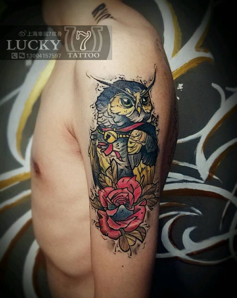 猫头鹰|幸运7纹身纹身图片_手臂欧美动物彩色成品纹身图案
