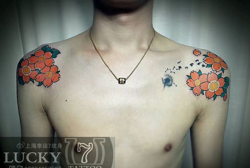 肩花|幸运7纹身纹身图片_肩部植物原创彩色成品纹身图案