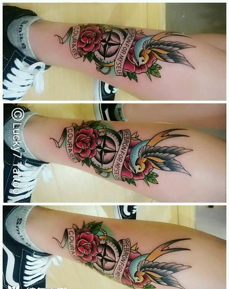 燕子|指南针|玫瑰|幸运7纹身纹身图片_腿部欧美原创彩色成品纹身图案