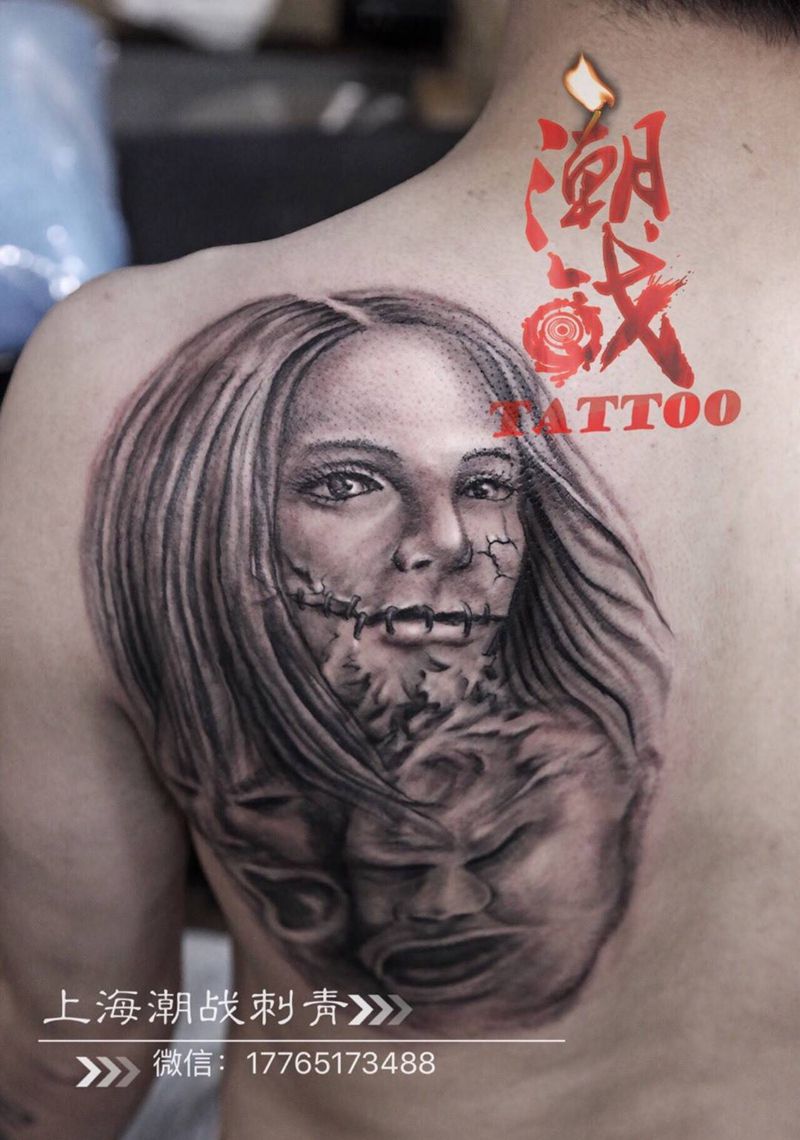 谨言慎行纹身图片_成品背部欧美写实肖像人物纹身图案