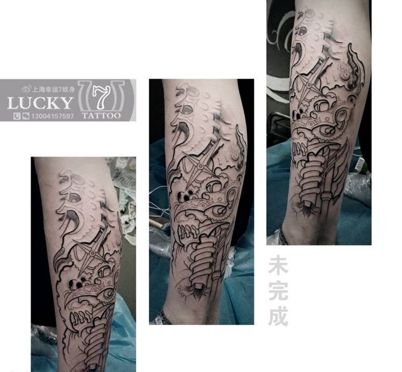 机械|幸运7纹身纹身图片_腿部欧美纹身图案