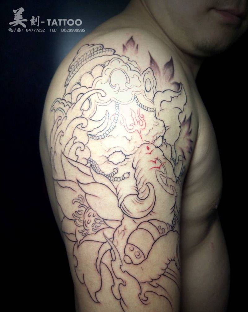 象神割线！下次继续！纹身图片_手臂欧美传统动物鬼神成品纹身图案