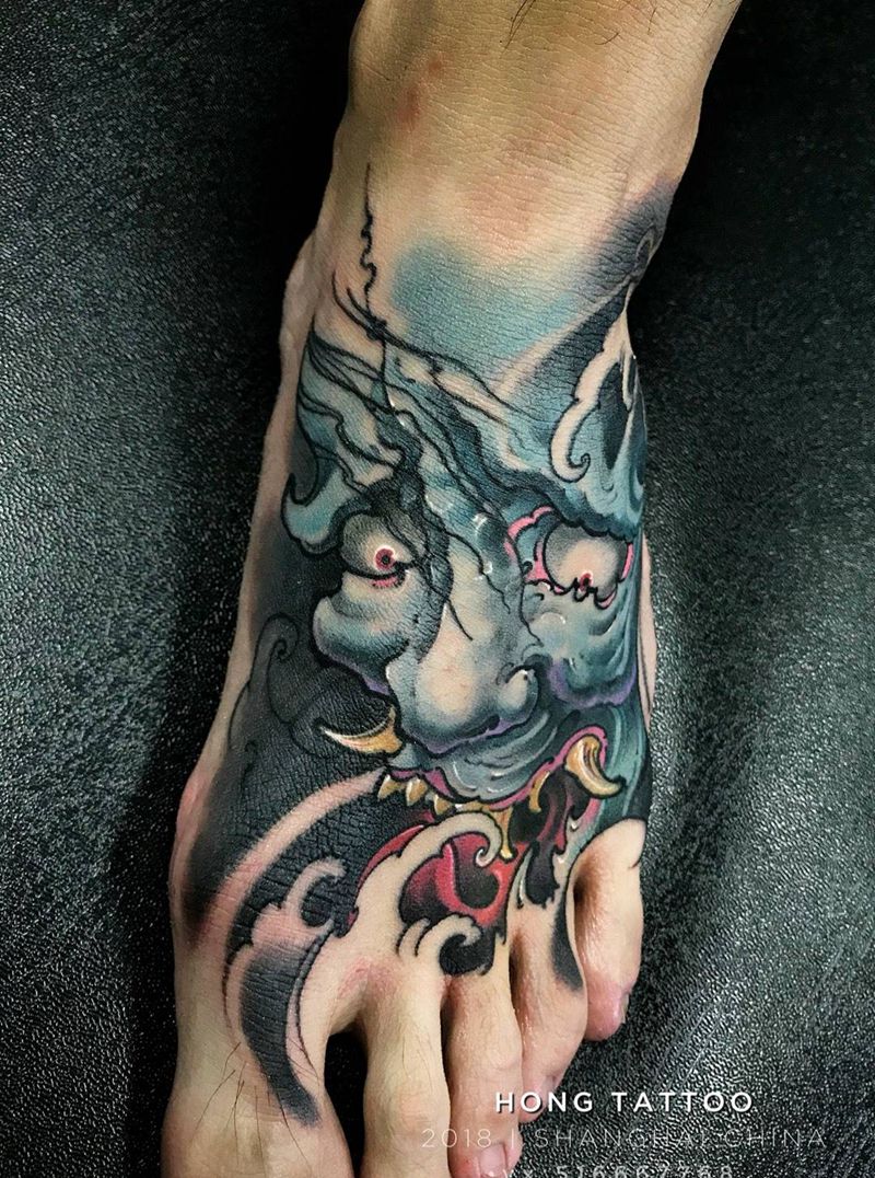 脚背般若，弘明师傅作品。纹身图片