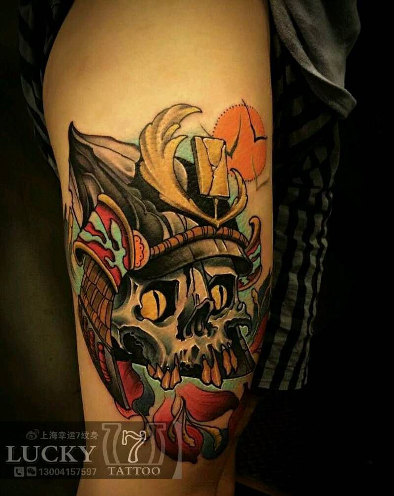 骷髅武士|幸运7纹身纹身图片_腿部传统鬼神原创彩色成品纹身图案