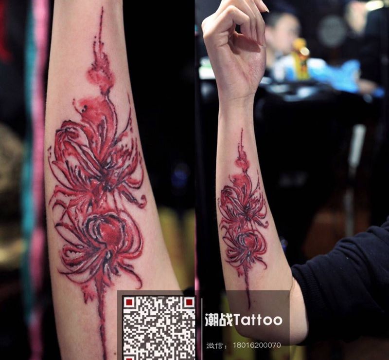 彼岸花开纹身图片_成品手臂清新植物纹身图案