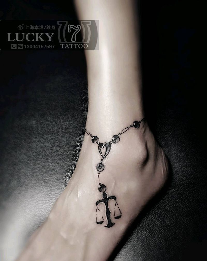 天秤座|脚链|幸运7纹身纹身图片_脚部清新成品纹身图案