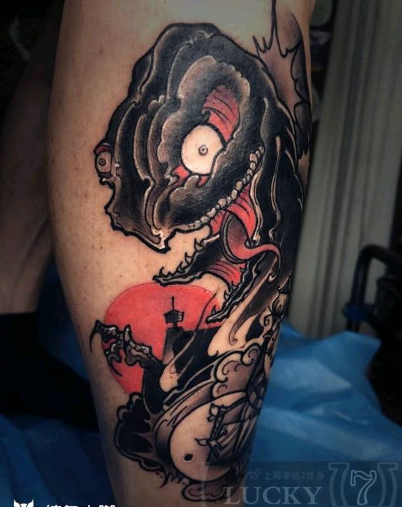 小龙&雪人|幸运7纹身纹身图片_腿部成品纹身图案