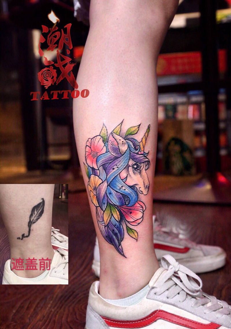 等爱独角兽纹身图片_成品腿部清新动物遮盖纹身图案