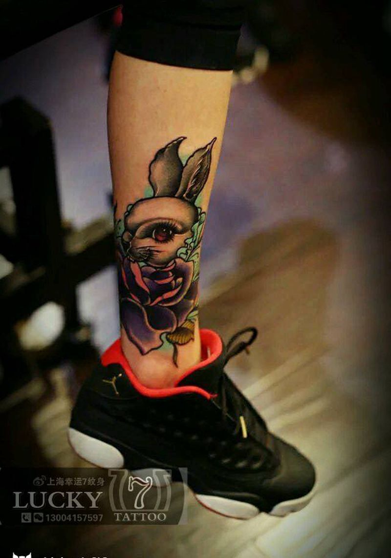 遮盖修改|兔子|幸运7纹身纹身图片_腿部欧美动物彩色修改成品纹身图案