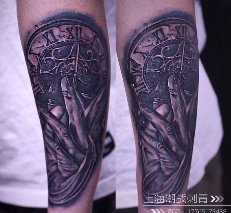 流逝的时光纹身图片_成品手臂欧美写实人物静物纹身图案