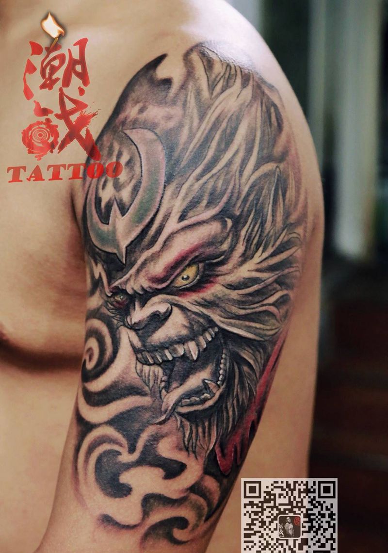 泼猴纹身图片_成品手臂传统孙悟空人物纹身图案