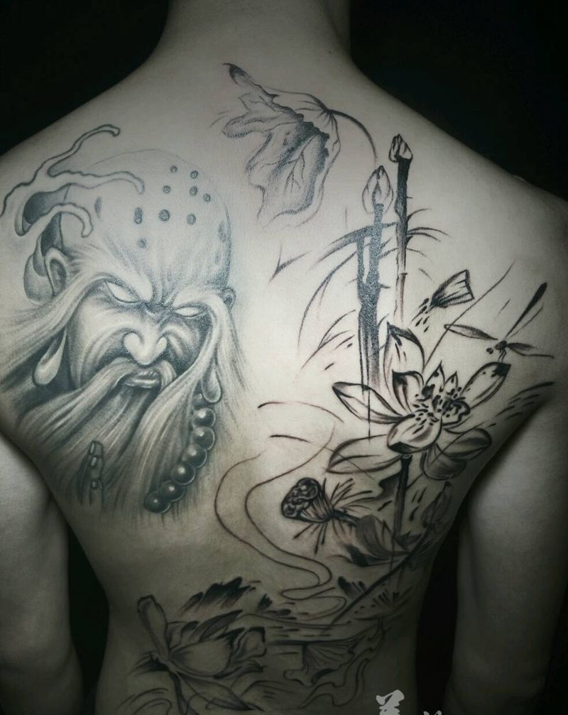 罗汉纹身图片_背部传统国画人物植物成品纹身图案