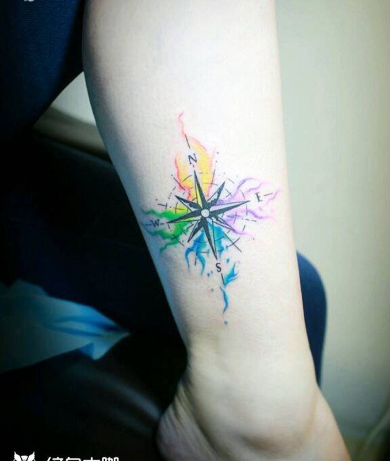 彩墨指南针纹身图片_肩部背部腿部欧美清新贴纸几何图腾原创成品纹身图案