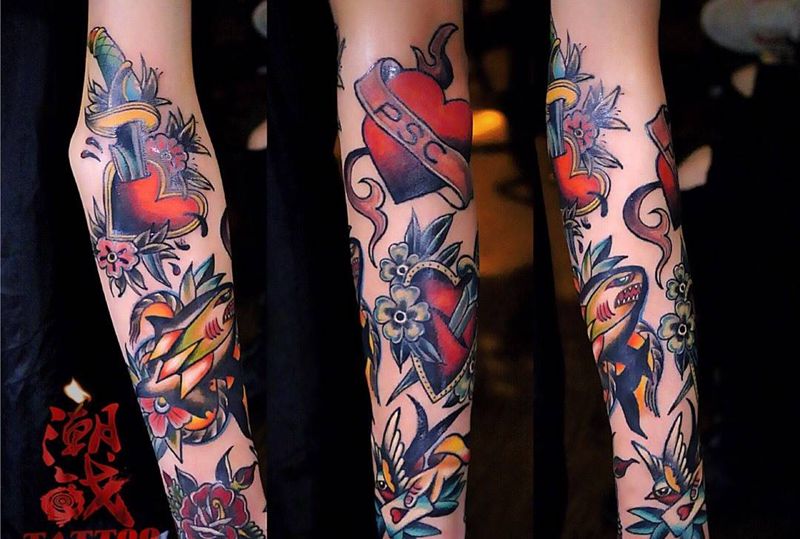 Old school 拼接纹身图片_成品手臂欧美传统贴纸动物人物静物植物原创纹身图案