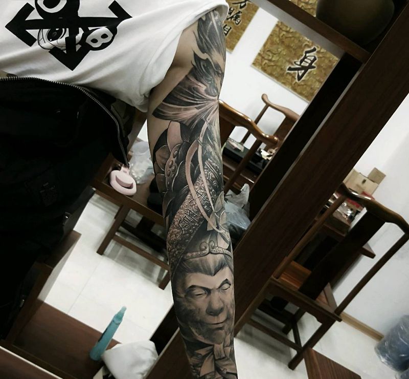 悟空传纹身图片_手臂手部新传统欧美写实悟空花臂齐天大圣纹身图案