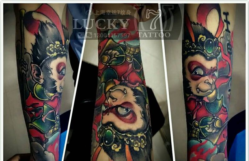 传统|孙悟空|幸运7纹身纹身图片_手臂传统人物鬼神彩色成品纹身图案