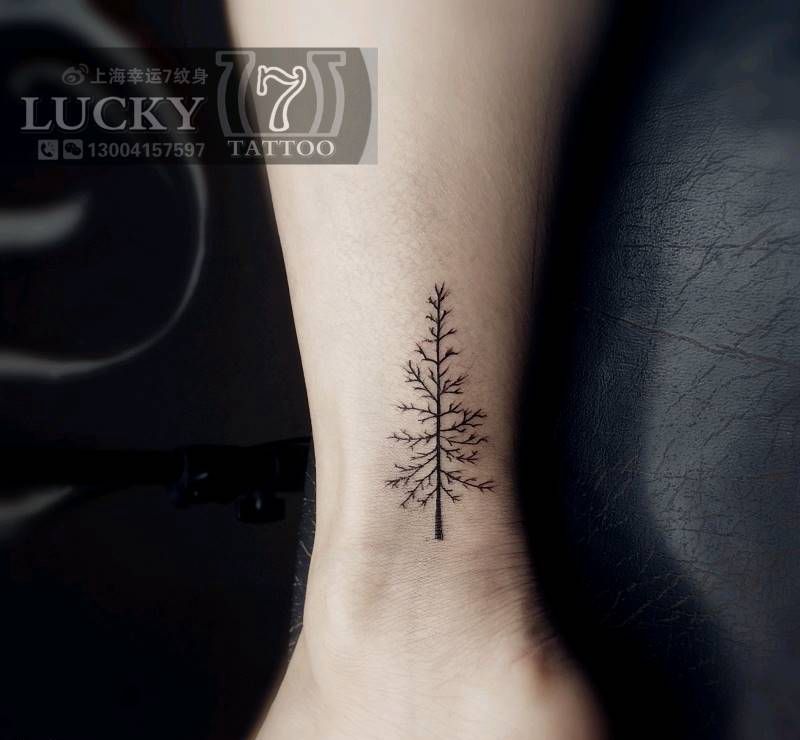 小树图腾|幸运7纹身纹身图片_腿部清新植物图腾成品纹身图案