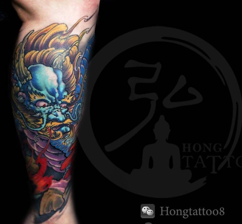 麒麟包小腿纹身图片_成品纹身图案