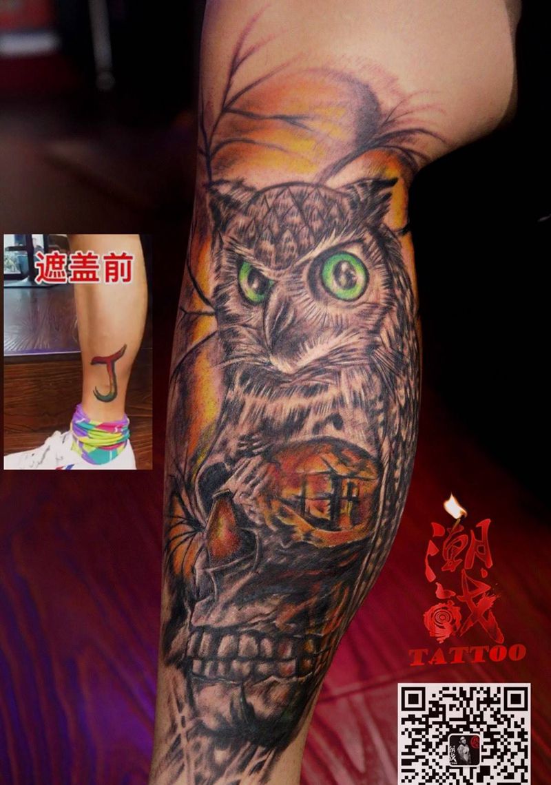 遮盖作品纹身图片_成品腿部欧美写实动物遮盖纹身图案