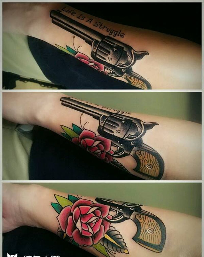 枪|幸运7纹身纹身图片_手臂欧美原创彩色成品纹身图案