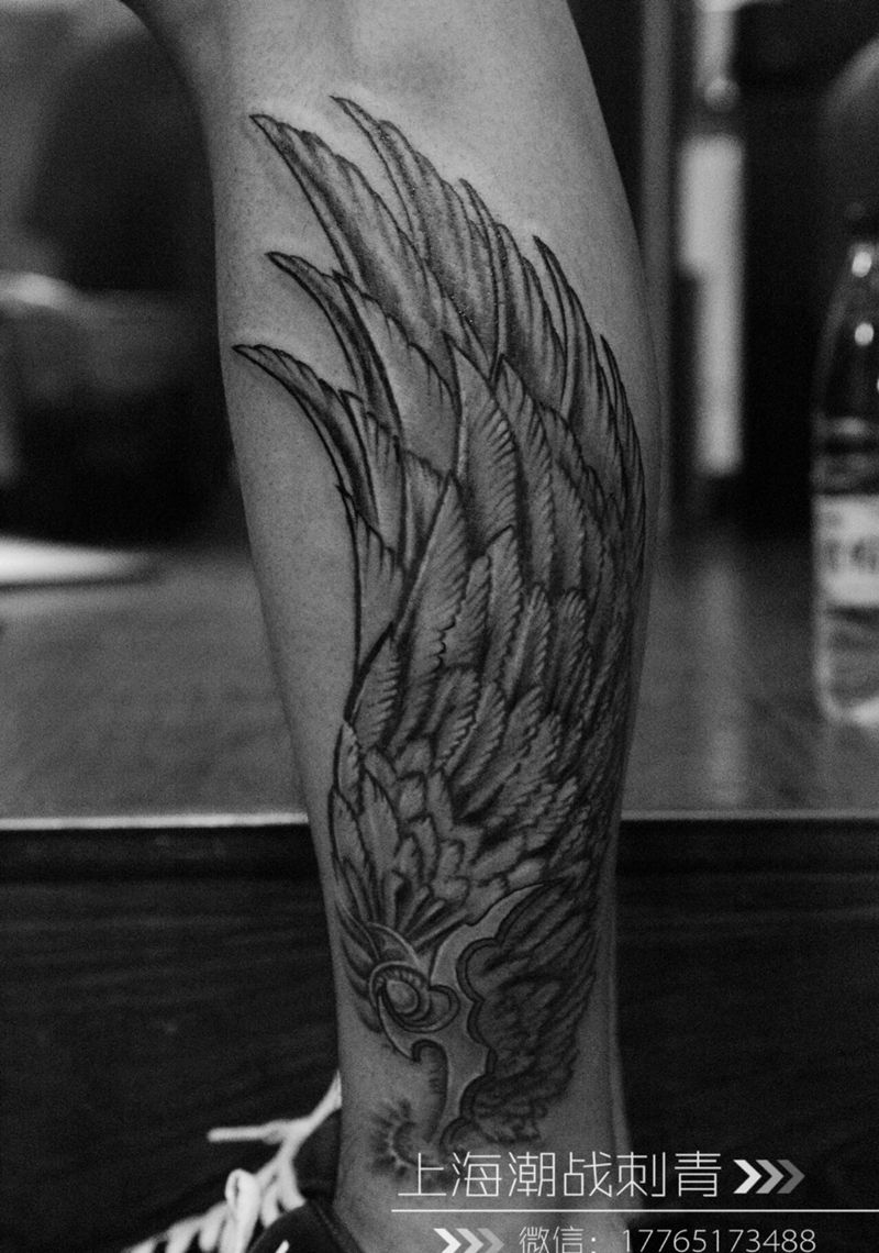 翼纹身图片_成品腿部写实欧美清新纹身图案