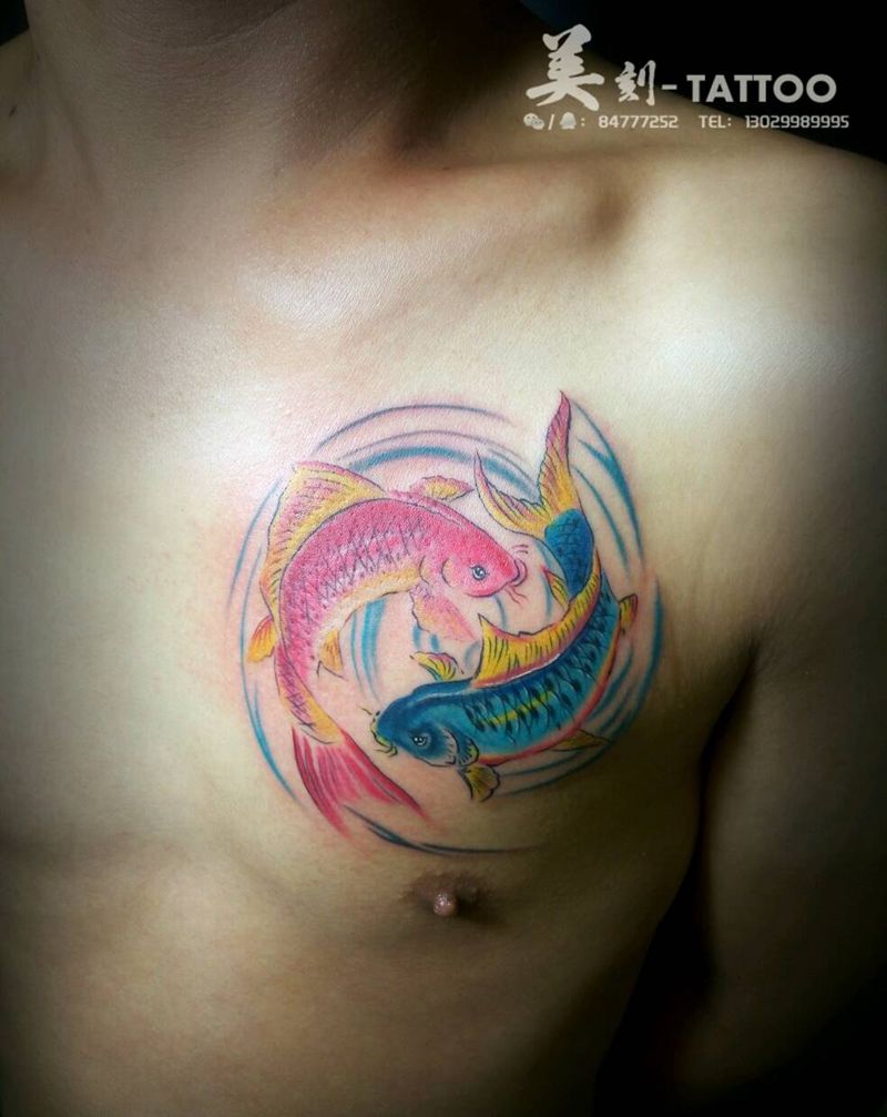 彩墨双鱼纹身图片_肩部胸部背部传统国画贴纸动物植物原创成品纹身图案