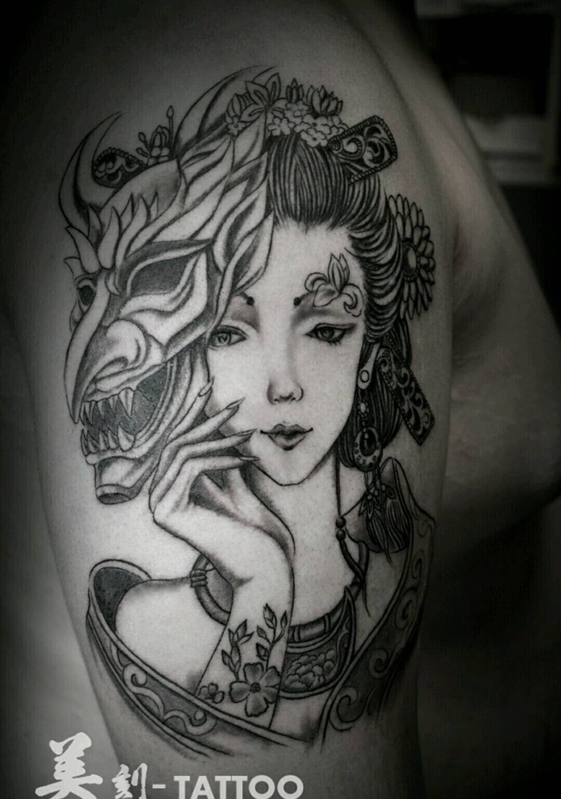 艺妓纹身图片_肩部手臂传统习俗肖像写实人物宗教成品插画纹身图案
