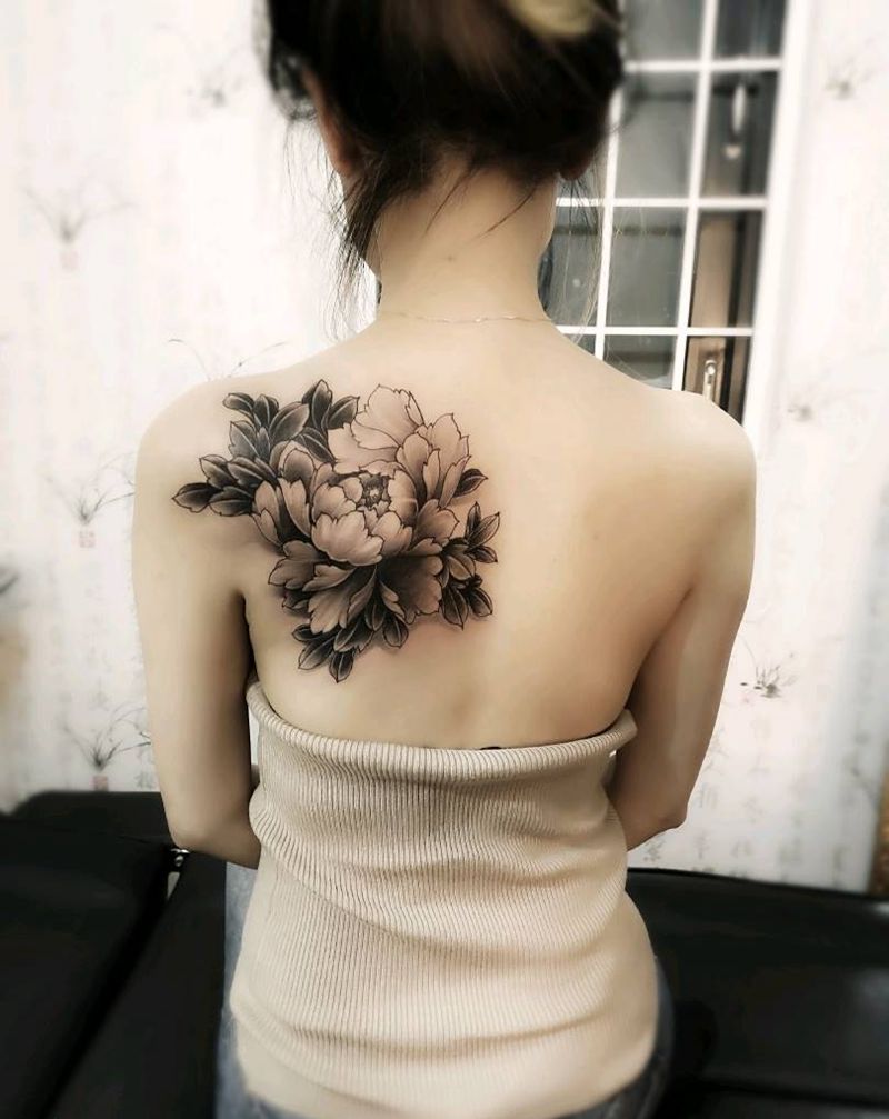 国色天香纹身图片_肩部背部新传统水墨牡丹花纹身图案