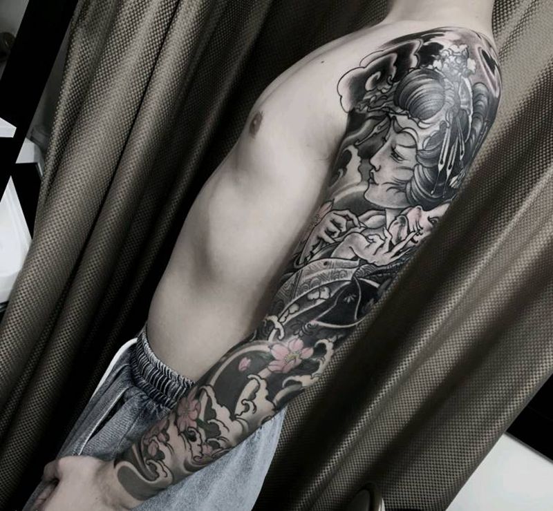 艺妓花臂纹身图片_手臂新传统老传统纹身图案