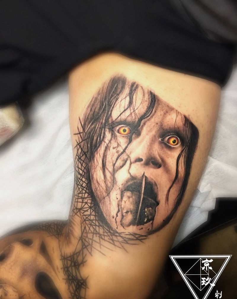 驱魔人纹身图片_成品腿部欧美肖像鬼神人物纹身图案