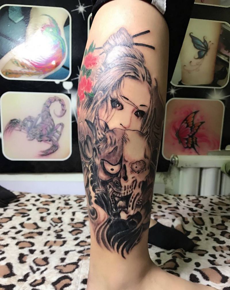 小腿艺妓纹身纹身图片