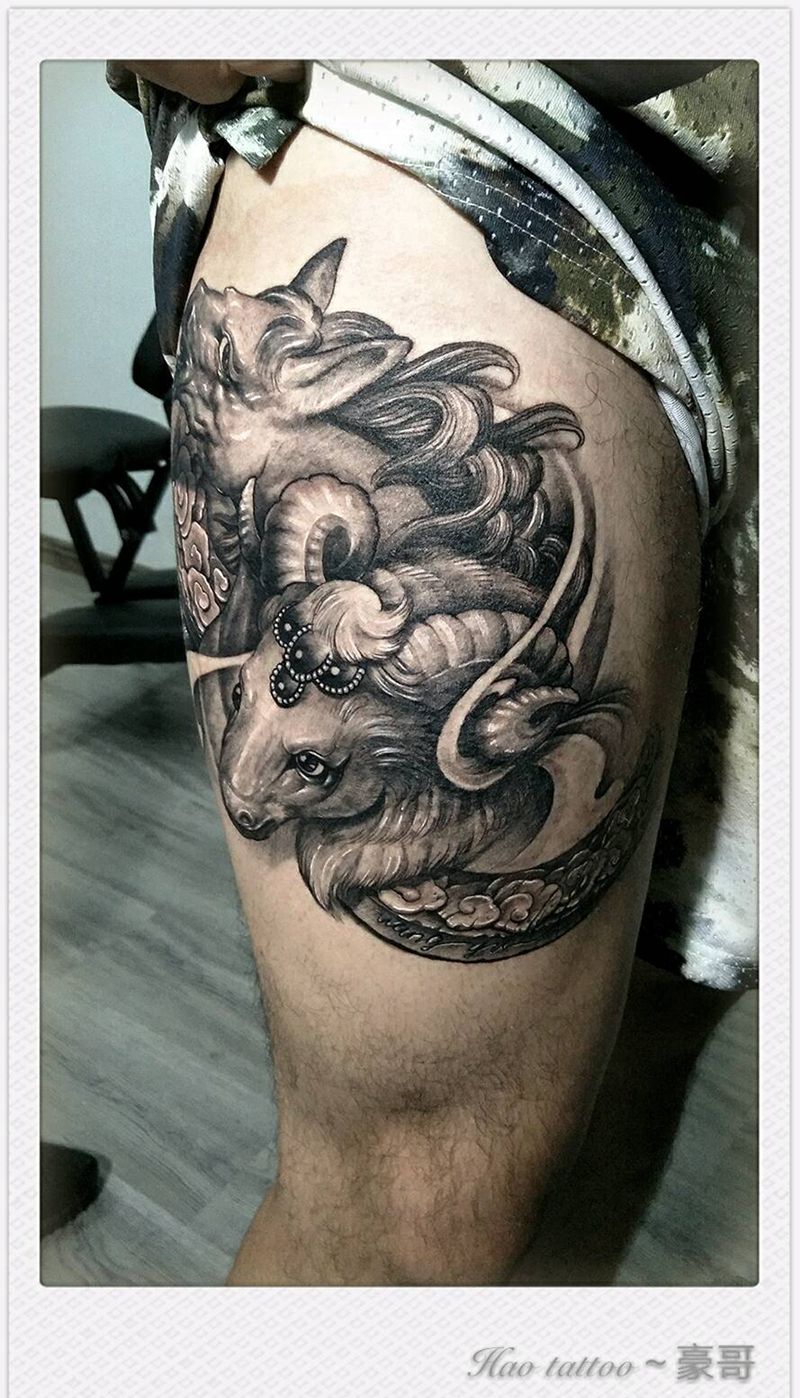 马羊生肖纹身图片_腿部写实动物原创福州福建自由人纹纹身图案