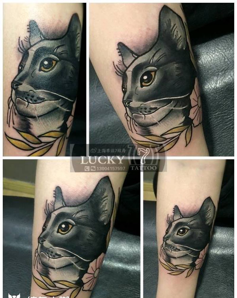 写实|彩色|猫头像|幸运7纹身纹身图片_手臂肖像写实动物成品纹身图案