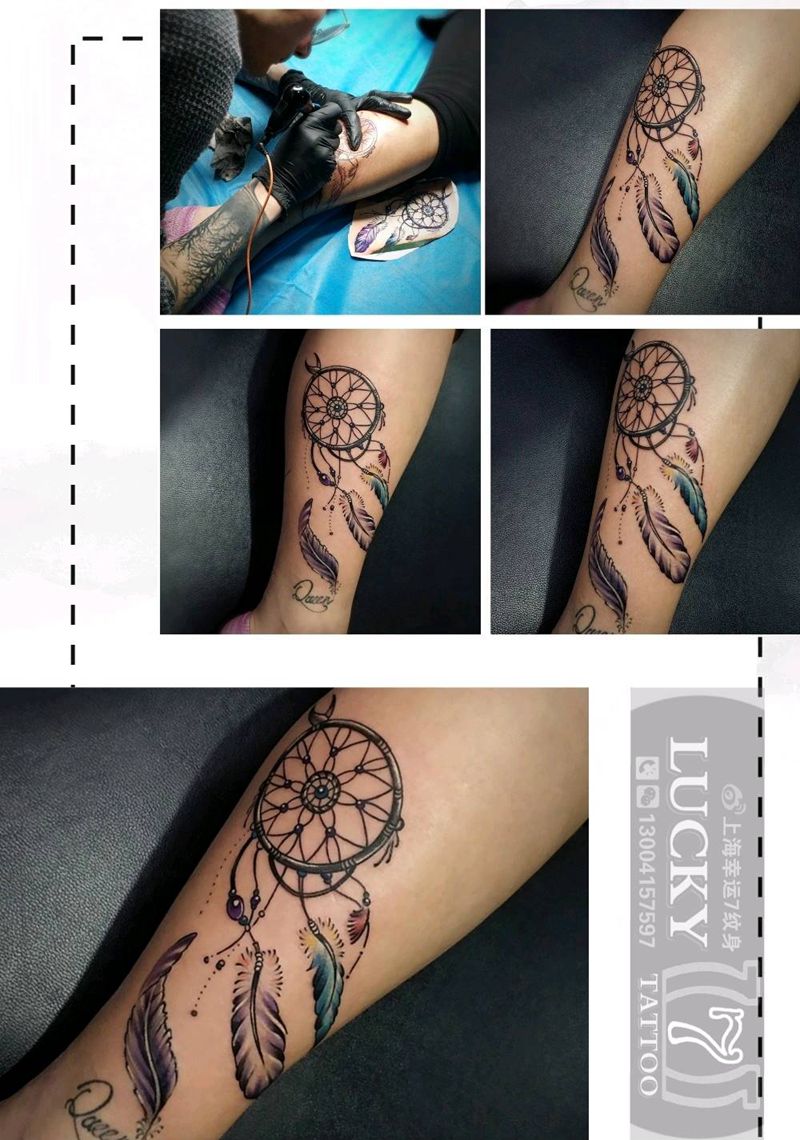 捕梦网|幸运7纹身纹身图片_腿部清新彩色成品纹身图案