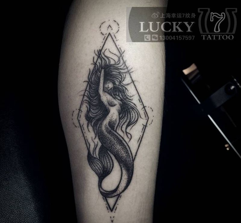 点刺|美人鱼|幸运7纹身纹身图片_腿部点刺成品纹身图案